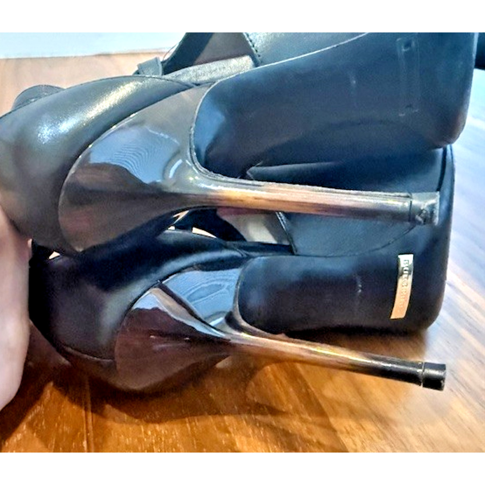 Burberry Black Leather Ankle Strap Gold Metal SEXY Peep-Toe Heels Sandals EU 37 - Picture 5 of 16